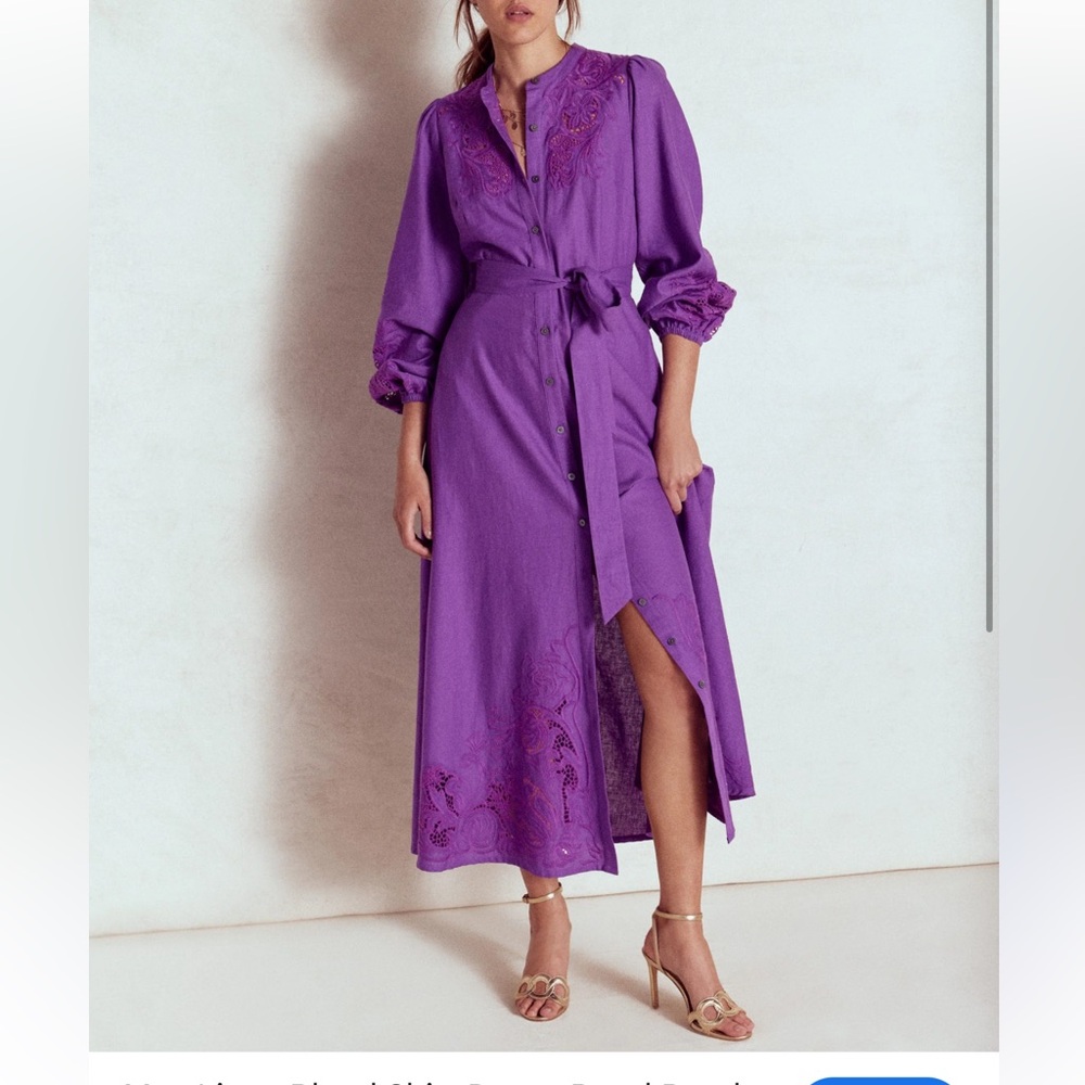 Boden Mae Linen Blend Purple Embroidered long sleeve Maxi Dress
